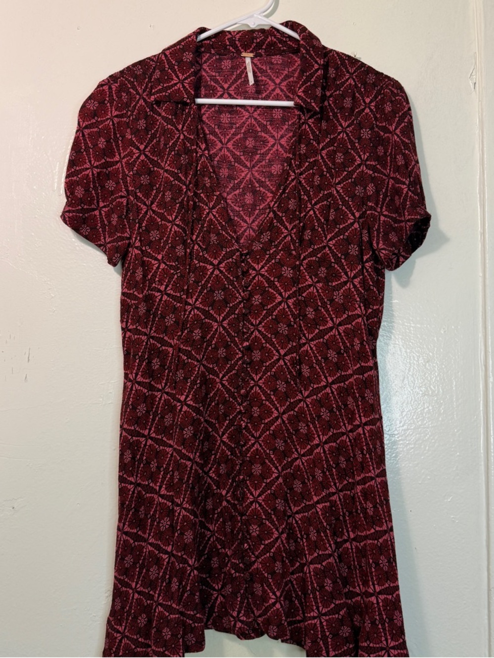 Free People Red Geometric Print Button Front Mini Dress - Size 0